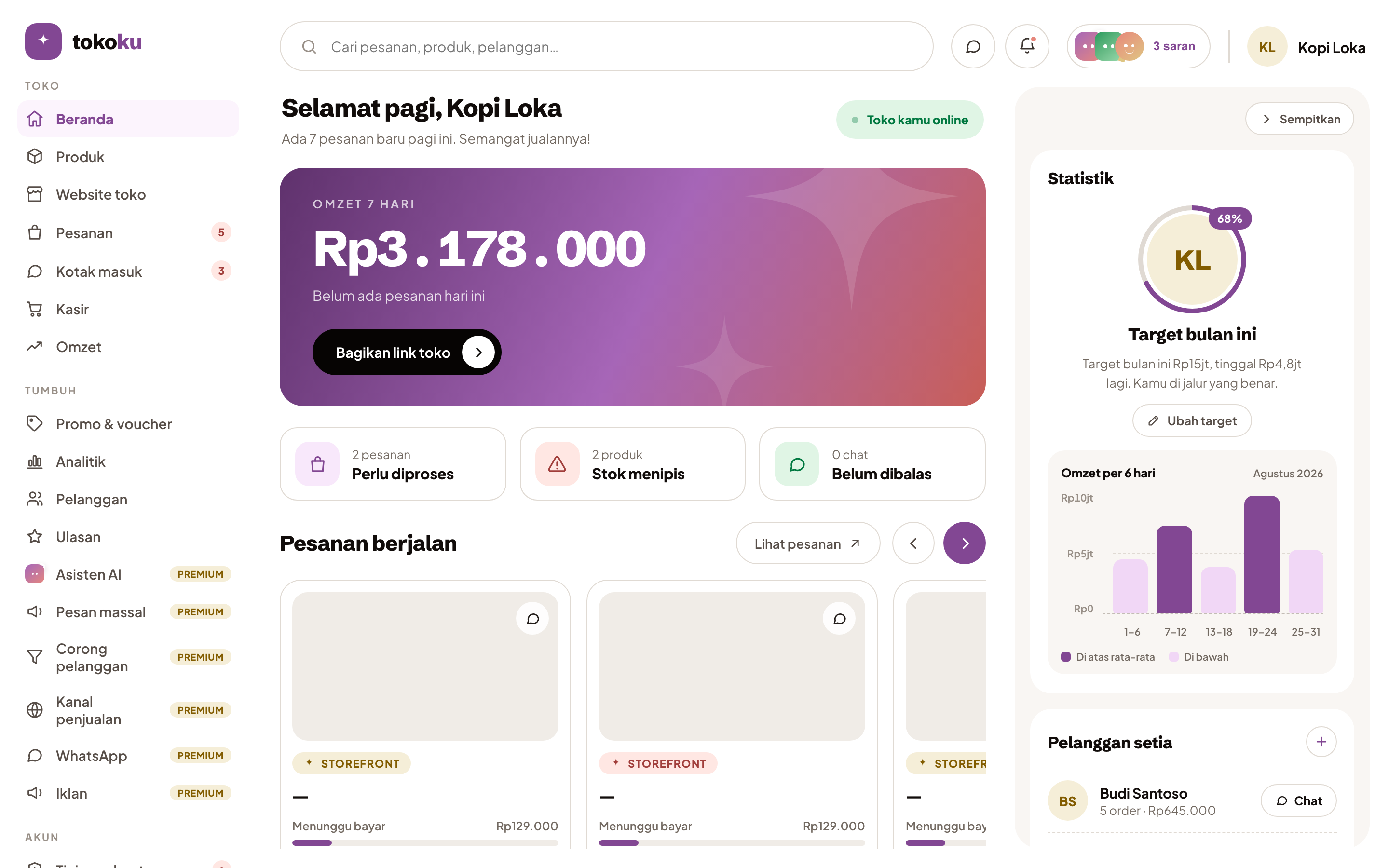 Dasbor tokoku: omzet, pesanan, dan saran asisten